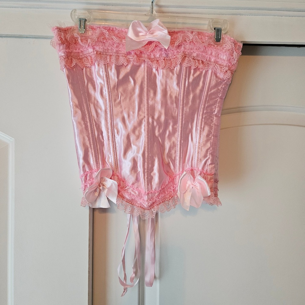 Pink Lace Up Corset Top Lace Bows Medium Coquette Kawaii Renfaire Harajuku Girl